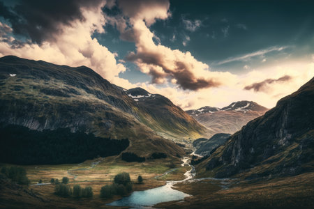 Scenic landscape with mountains and sky with clouds, created using generative ai technology. Scenery and beauty in nature concept digitally generated image.の素材