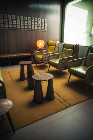 Office waiting room with modern furniture and window, created using generative ai technology. Business modern interiors concept digitally generated image.の素材