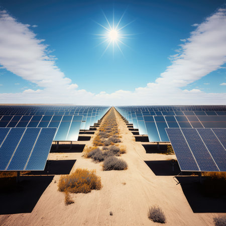 Solar panels with sun shining, created using generative ai technology. Wind energy, solar energy, sustainability, environment and climate change concept digitally generated image.の素材
