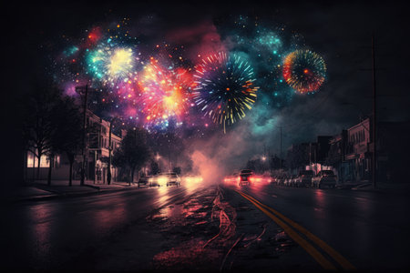 Multi coloured fireworks exploding over city street, created using generative ai technology. New year's eve and celebration concept digitally generated image.の素材