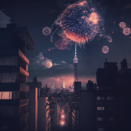 Fireworks exploding over cityscape, created using generative ai technology. New year's eve and celebration concept digitally generated image.の素材