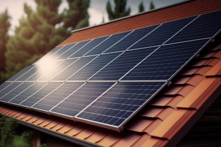 Close up of roof with solar panels, created using generative ai technology. Solar energy and sustainability concept digitally generated image.の素材