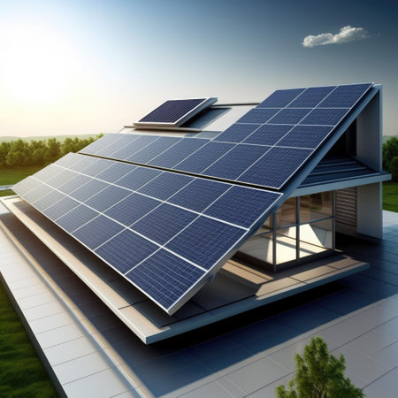 House with solar panels on roof, created using generative ai technology. Solar energy and sustainability concept digitally generated image.の素材