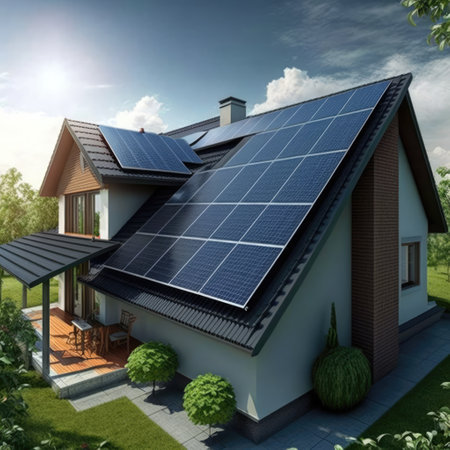 House with solar panels on roof, created using generative ai technology. Solar energy and sustainability concept digitally generated image.の素材