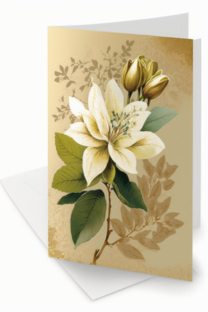 Card with white flowers and envelope, created using generative ai technology. Celebration, greeting cards and well wishes concept digitally generated image.の素材