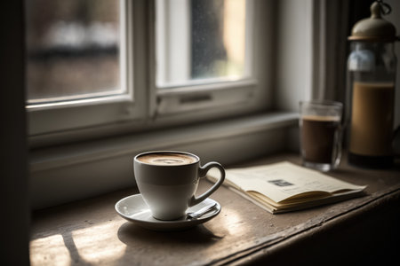 Cup of coffee latte with pattern and book on windowsill, created using generative ai technology. Coffee, caffeine and drink concept digitally generated image.の素材