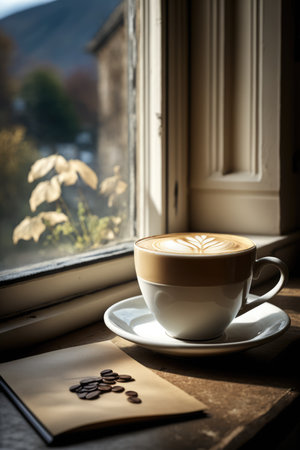 Cup of coffee latte with pattern, notebook and coffee beans, created using generative ai technology. Coffee, caffeine and drink concept digitally generated image.の素材