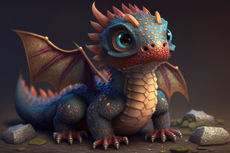 Image of cute purple dragon and rocks over gray background, using generative ai technology. Dragon and fantasy concept.の素材