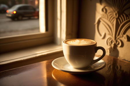 Cup of coffee latte with pattern on table by window, created using generative ai technology. Coffee, caffeine and drink concept digitally generated image.の素材