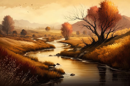 Scenic landscape with river creek and mountains, created using generative ai technology. Nature, scenery and beauty in nature concept digitally generated image.の素材