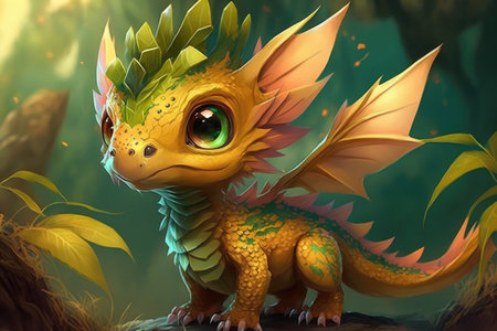 Image of cute green dragon over jungle, using generative ai technology. Dragon and fantasy concept.の素材