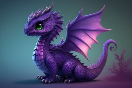 Image of cute blue dragon over purple background with plant, using generative ai technology. Dragon and fantasy concept.の素材