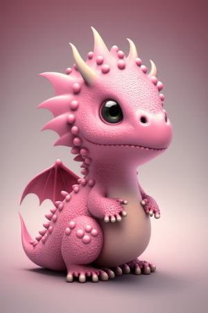 Image of cute pink dragon over gray background, using generative ai technology. Dragon and fantasy concept.の素材