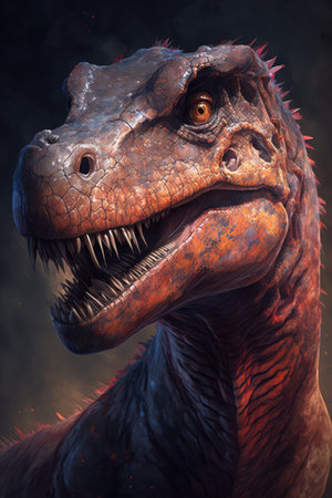 Tyrannosaurus rex dinosaur roaring over black background, created using generative ai technology. Prehistory, dinosaur and paleontology concept.の素材