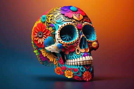 Colourful mexican decorative sugar skull on colourful background, using generative ai technology. Skull, mexico and traditional concept.の素材