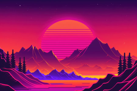 Vaporwave landscape with mountains and sun, created using generative ai technology. Vaporwave background and colour concept digitally generated image.の素材
