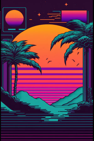 Vaporwave landscape with mountains, palm trees and sun, created using generative ai technology. Vaporwave background and colour concept digitally generated image.の素材