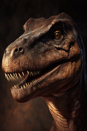 Tyrannosaurus rex dinosaur roaring over black background, created using generative ai technology. Prehistory, dinosaur and paleontology concept.の素材