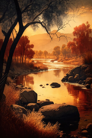 Scenic landscape with river creek in autumn mountains, created using generative ai technology. Nature, scenery and beauty in nature concept digitally generated image.の素材