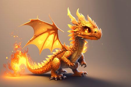 Image of cute orange dragon with burning tail on purple background, using generative ai technology. Dragon and fantasy concept.の素材