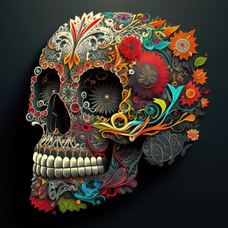 Colourful mexican decorative sugar skull on black background, using generative ai technology. Skull, mexico and traditional concept.の素材