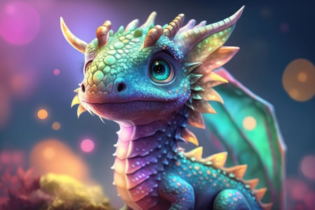 Image of cute blue dragon over colourful light spots, using generative ai technology. Dragon and fantasy concept.の素材