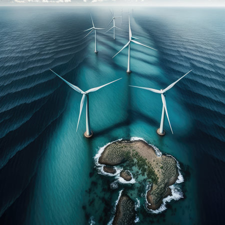 Wind turbines in ocean and clouded sky, created using generative ai technology. Wind energy, sustainability, environment and climate change concept digitally generated image.の素材