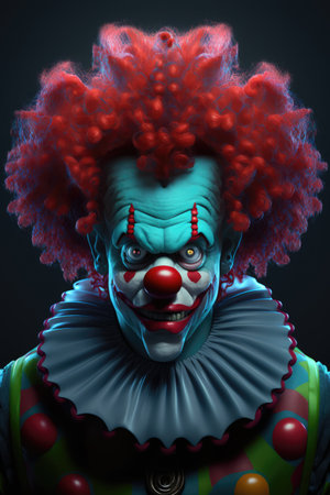 Close up of scary clown smiling in red wig, created using generative ai technology. Evil clown and scare concept digitally generated image.の素材