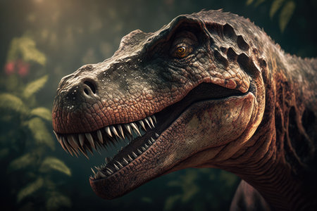 Tyrannosaurus rex dinosaur roaring over forest and mist, created using generative ai technology. Prehistory, dinosaur and paleontology concept.の素材