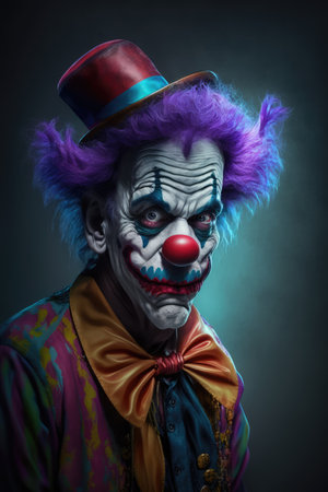 Close up of scary clown in red hat and multi coloured wig, created using generative ai technology. Evil clown and scare concept digitally generated image.の素材