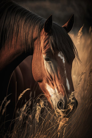 Close up of brown horse standing in field, created using generative ai technology. Nature, horse, animal and wildlife concept digitally generated image.の素材