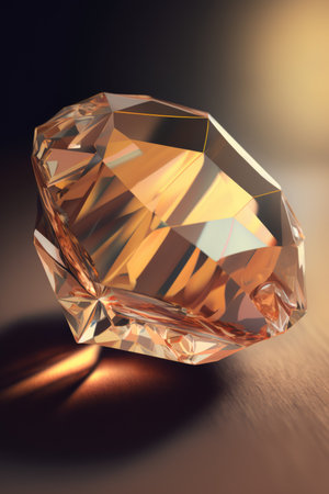 Close up of cut diamond with reflections on brown background, created using generative ai technology. Precious stones, luxury and wealth concept digitally generated image.の素材