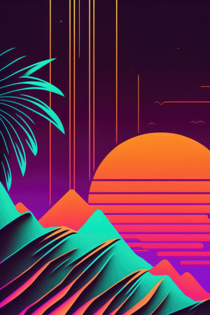 Vaporwave landscape with mountains, palm tree and sun, created using generative ai technology. Vaporwave background and colour concept digitally generated image.の素材