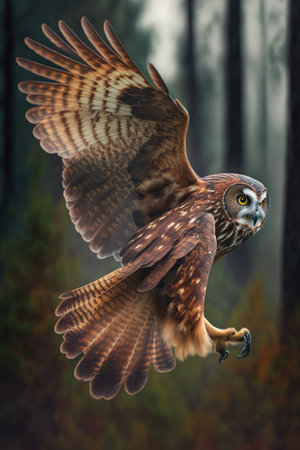 Close up of owl flying in forest, created using generative ai technology. Nature, bird, wild animal and wildlife concept digitally generated image.の素材