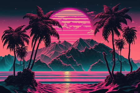 Pink and purple landscape with sun and palm trees, created using generative ai technology. Vaporwave background and colour concept digitally generated image.の素材