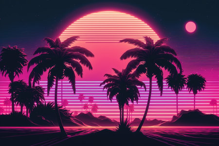 Pink and purple landscape with sun, palm trees and mountains, created using generative ai technology. Vaporwave background and colour concept digitally generated image.の素材