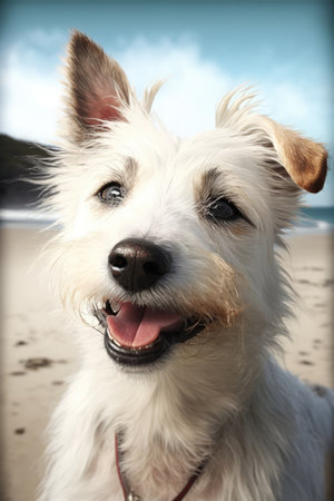 Portrait of white cute dog on beach, created using generative ai technology. Dog, animal and pet concept digitally generated image.の素材