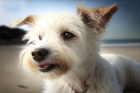Portrait of white cute dog on beach, created using generative ai technology. Dog, animal and pet concept digitally generated image.の素材