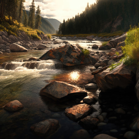 Beautiful landscape of river creek with rocks and mountains, created using generative ai technology. Nature, harmony and landscape concept digitally generated image.の素材