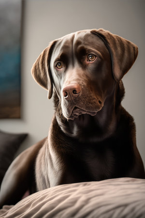 Portrait of cute brown dog on bed, created using generative ai technology. Animal, dog and pet concept digitally generated image.の素材