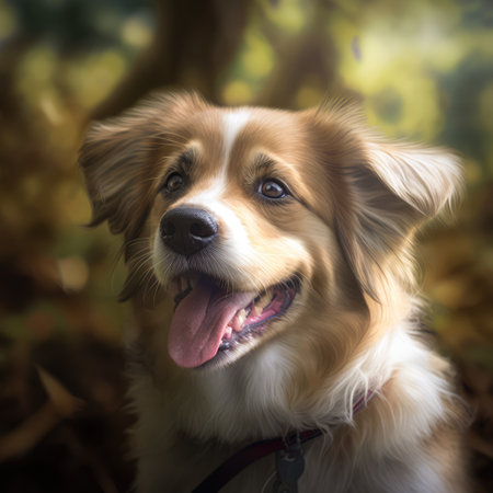 Close up of beige dog sticking tongue out in forest created using generative ai technology. Animals, dog and pet concept digitally generated image.の素材