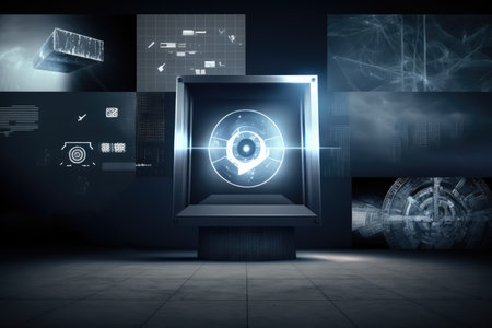 Circle and screens with data processing and circuit board, created using generative ai technology. Global online security, digital interface and data processing concept digitally generated image.の素材