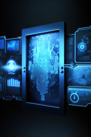 Screens with data processing and circuit board, created using generative ai technology. Global online security, digital interface and data processing concept digitally generated image.の素材