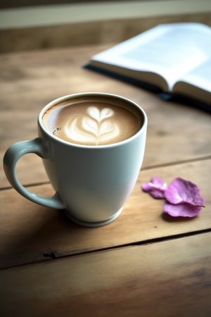 White cup with latte coffee and petals on wooden table, created using generative ai technology. Coffee and drink concept digitally generated image.の素材
