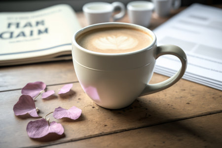 White cup with latte coffee and petals on wooden table, created using generative ai technology. Coffee and drink concept digitally generated image.の素材