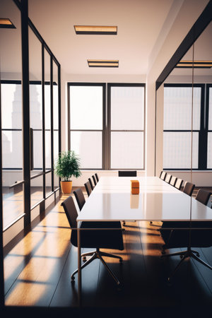 Interior of office space with window, table and chairs, created using generative ai technology. Business, office space and meeting room concept digitally generated image.の素材