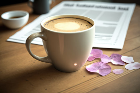 White cup with latte coffee and petals on wooden table, created using generative ai technology. Coffee and drink concept digitally generated image.の素材