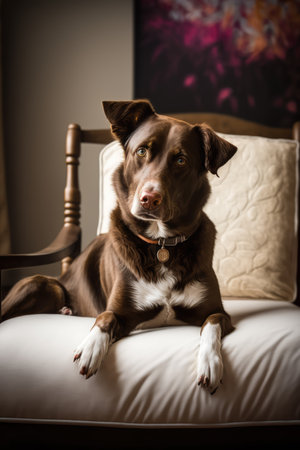 Portrait of cute white and brown dog on armchair, created using generative ai technology. Animal, dog and pet concept digitally generated image.の素材
