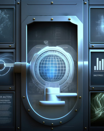 Globe and screens with data processing and circuit board, created using generative ai technology. Global online security, digital interface and data processing concept digitally generated image.の素材