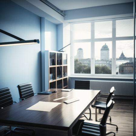 Interior of meeting room with window, table and chairs, created using generative ai technology. Business and meeting room concept digitally generated image.の素材